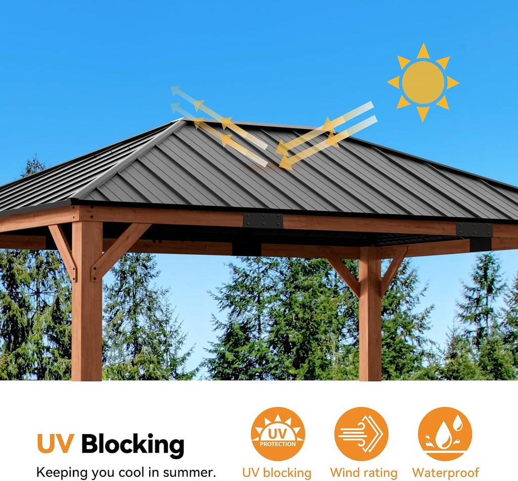 Modern Shade Wood Gazebo 12' x 16', Permanent Hardtop Gazebo with Galvanized Steel Roof, Mosquito Netting and Curtains