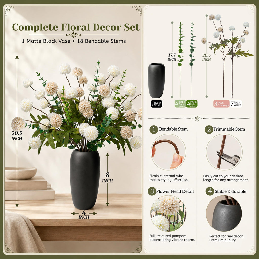 Fake Flowers in Ceramic Vase, 18Pcs White Blooms for Spring Decor