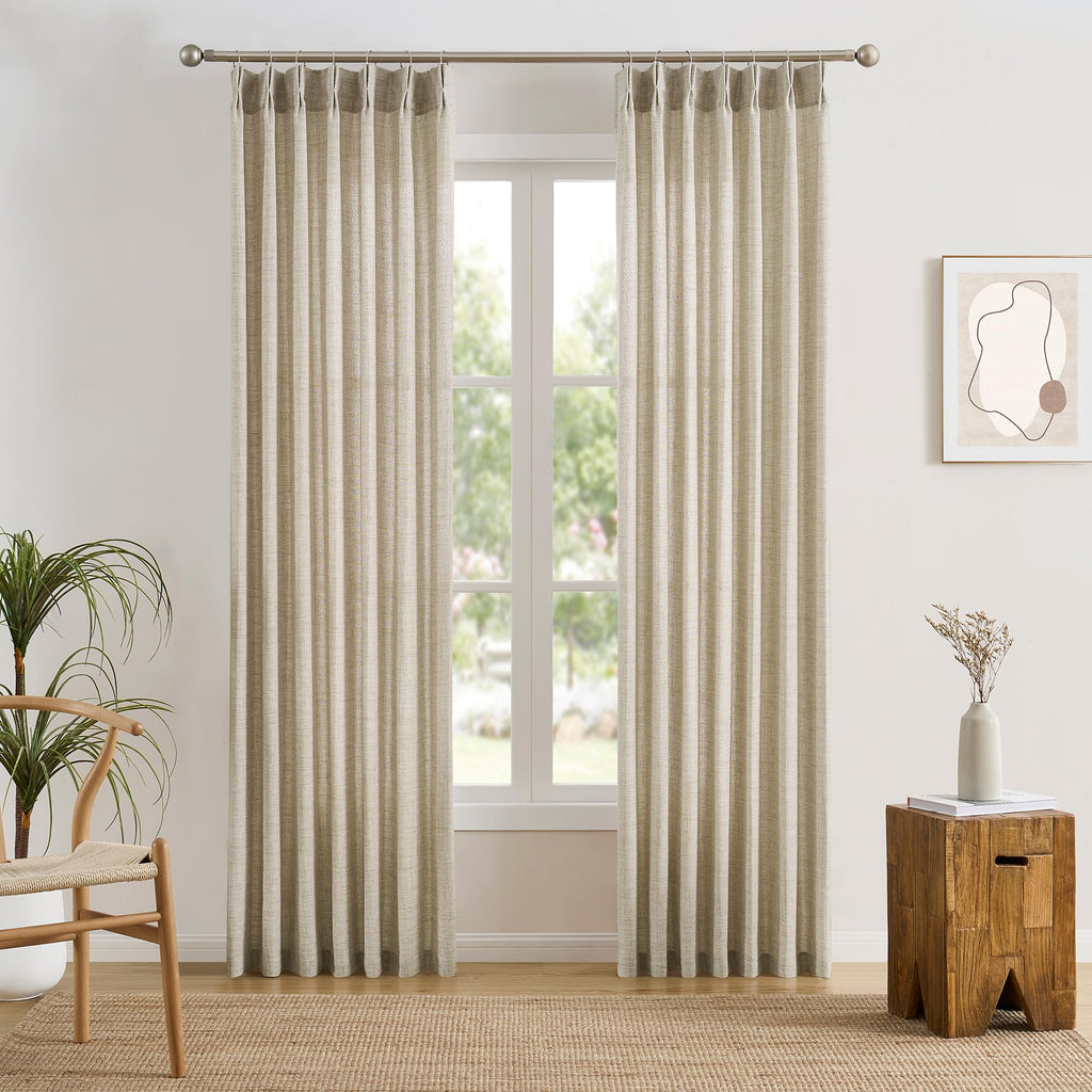 Beige Sheer Curtains 120 Inches Long with Pinch Pleat, Back Tab Pleated Drapes Hooks Thick Linen Textured Boho