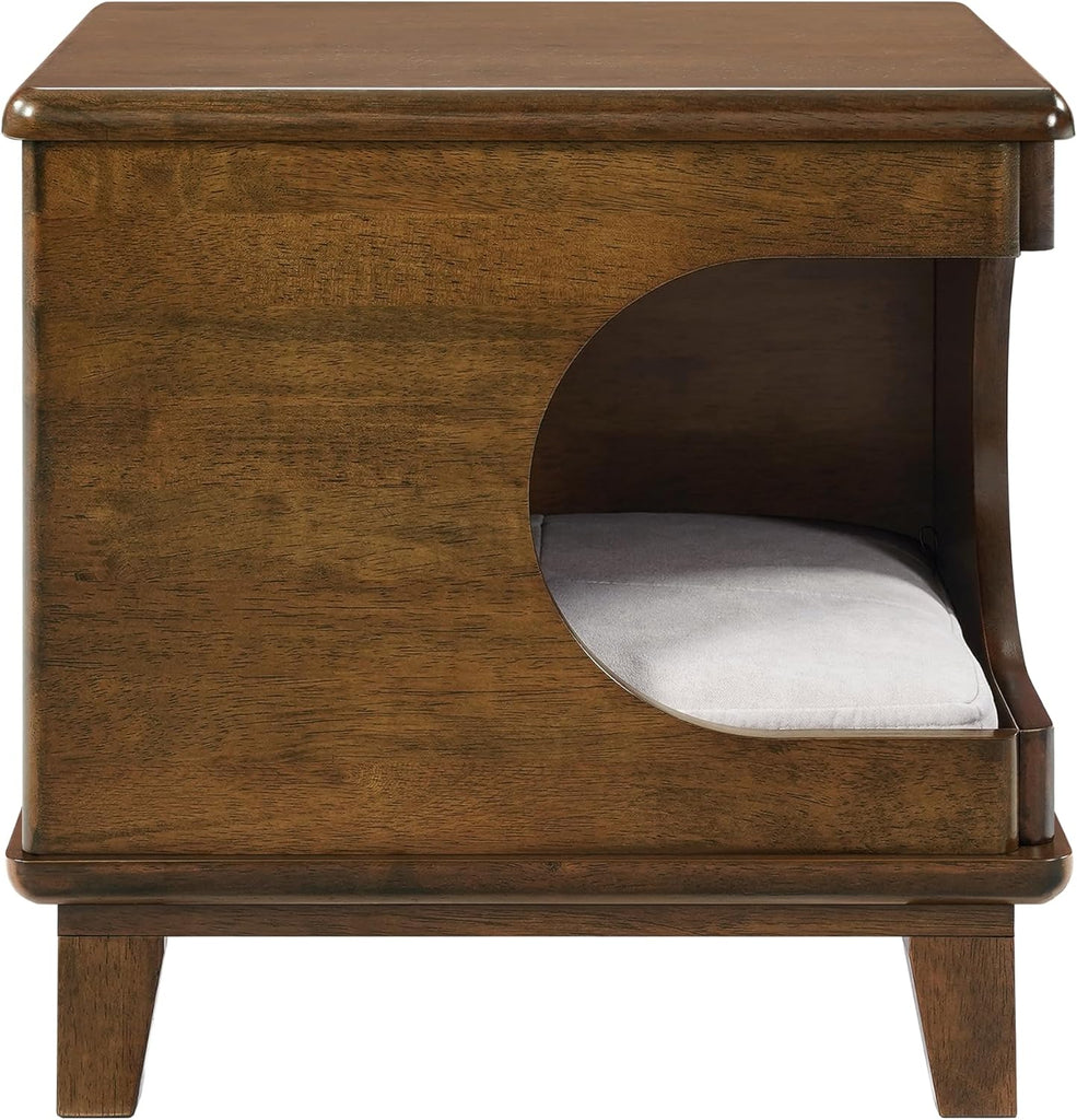 Beryl Rubber Wood 2-in-1 Cat House End Table with Cushion, Multi-Functional Pet Side Table Cat Cave Nightstand