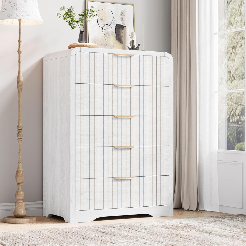 5 Drawer Dresser , Tall Chest of Drawers, Fluted Wood Dresser with Curved Profile Design, Modern Vertical Storage