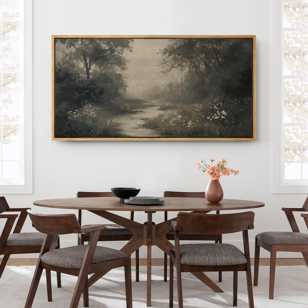 Extra Large Framed Canvas Print Wall Art Dark Forest Path Moody Nature Landscape Illustrations Modern Art Calm Warm