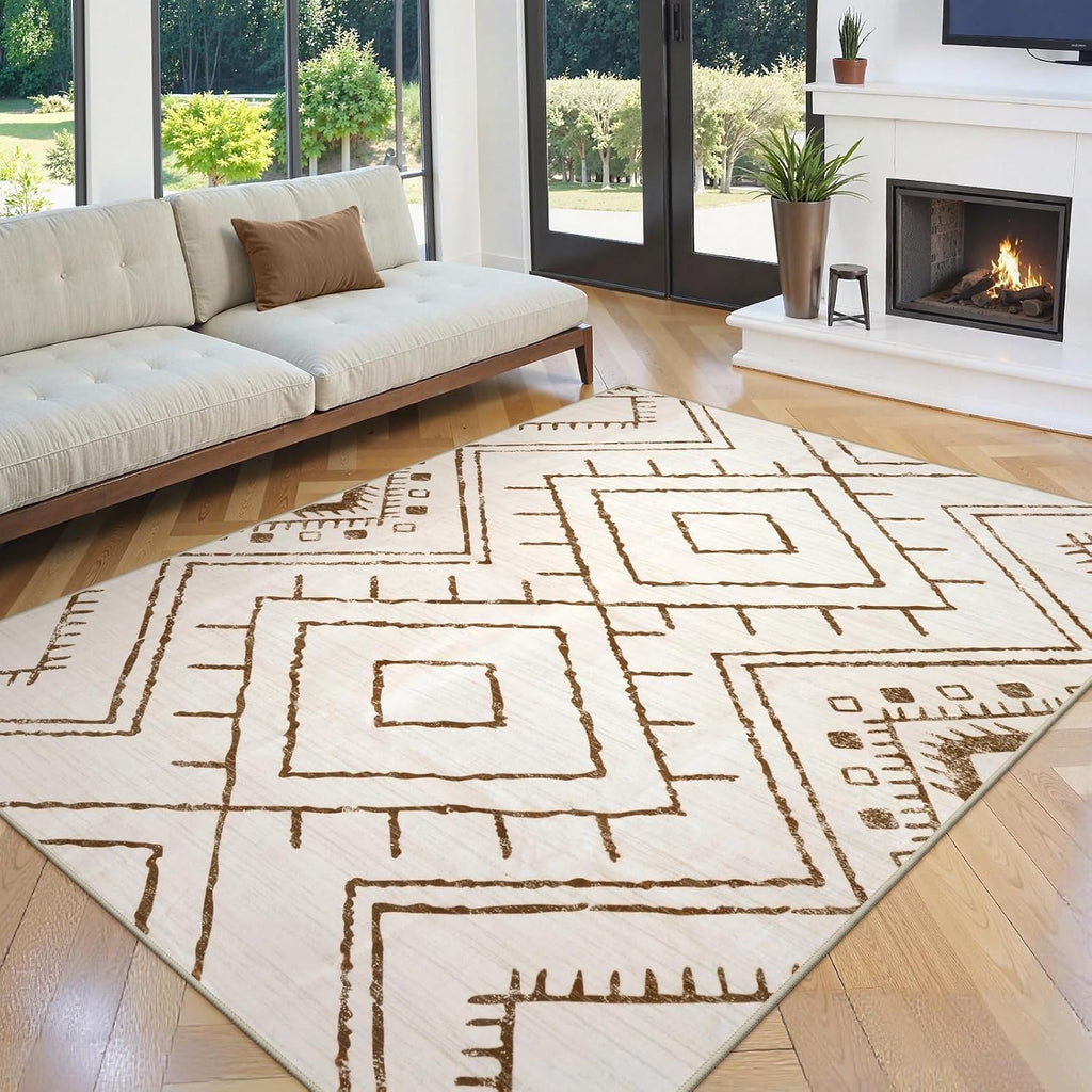 Western 5x7 Area Rug, Beige Washable Rugs Bedroom, Non Slip Moroccan Tribal Rug Low Pile Geometric Soft Boho Area