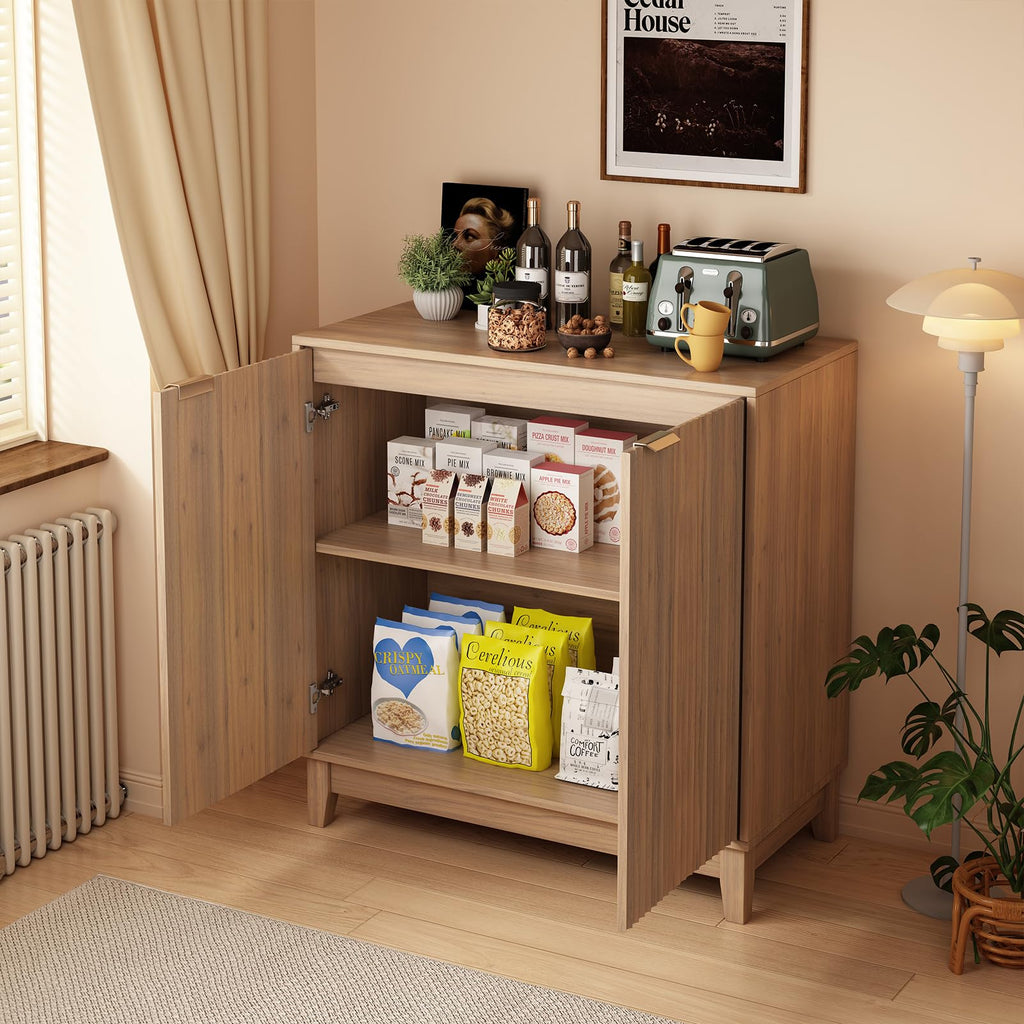 Fluted Accent Cabinet with Doors and Shelves Modern Wood Storage Cabinet Living Room Mid-Century Sideboard Credenza