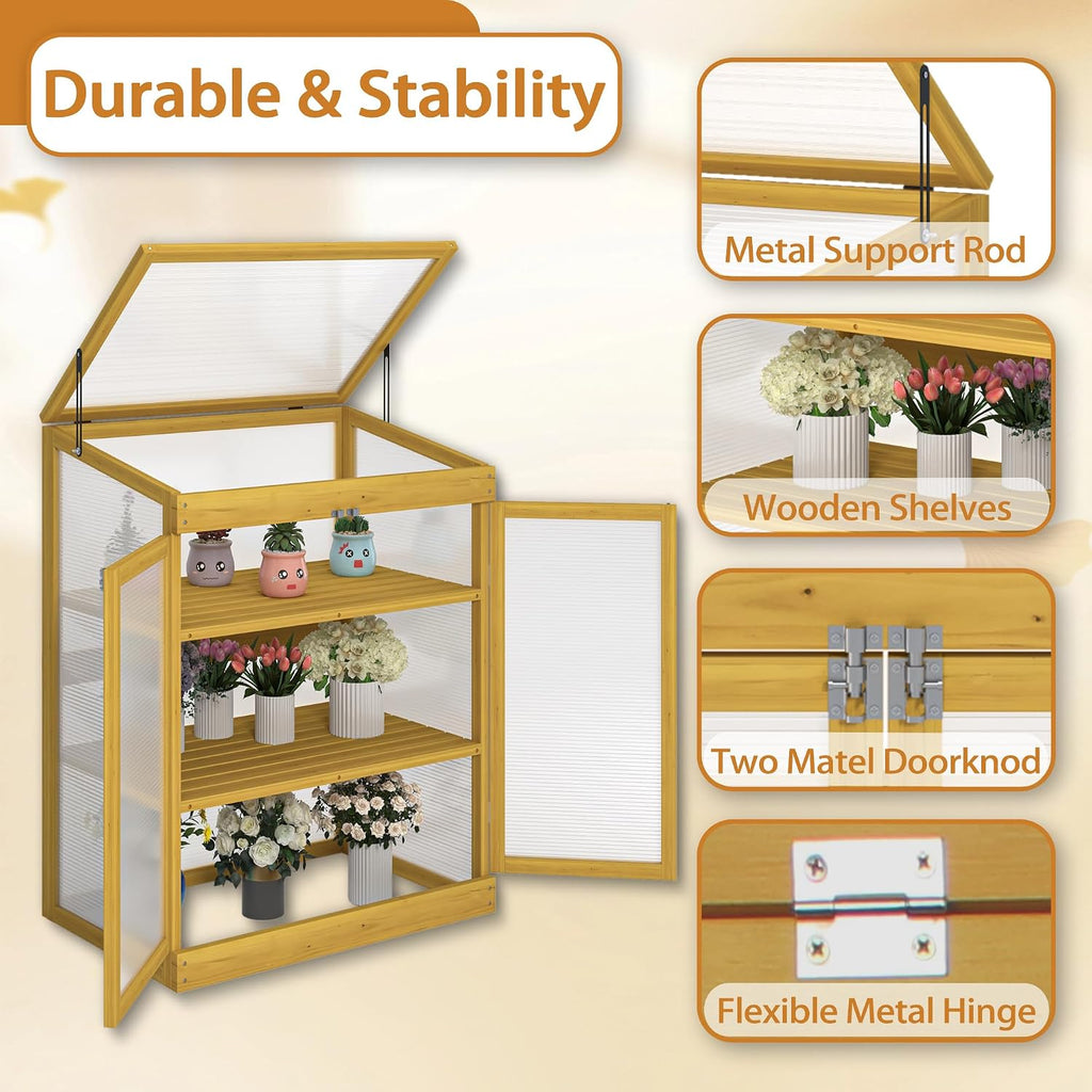 Wooden Cold Frame Greenhouse, 2-Tier Polycarbonate Mini Garden Greenhouse Cabinet, Durable Pine Wood Frame Keep