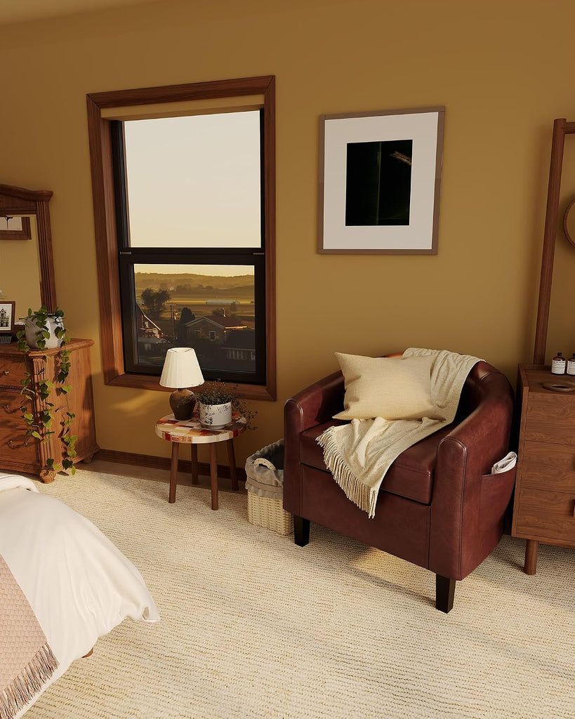 Accent Chairs Faux Leather Barrel Chair Club Armchair with Soft Seat Bedroom Reading Waiting Room - Brown - Set of 2
