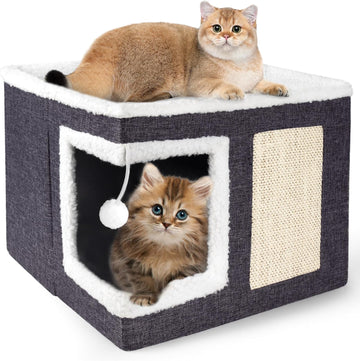 Cat Houses for Indoor Cats - Large Cat Bed Cave with Scratch Pad and Fluffy Ball, Foldable Cat Condo Hideaway