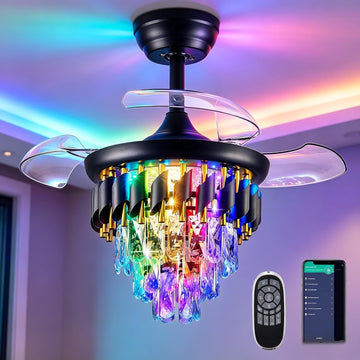 30" RGB Retractable Crystal Ceiling Fan with Lights Remote APP Control,6-Speed Reversible Blades, Invisible Fandelier