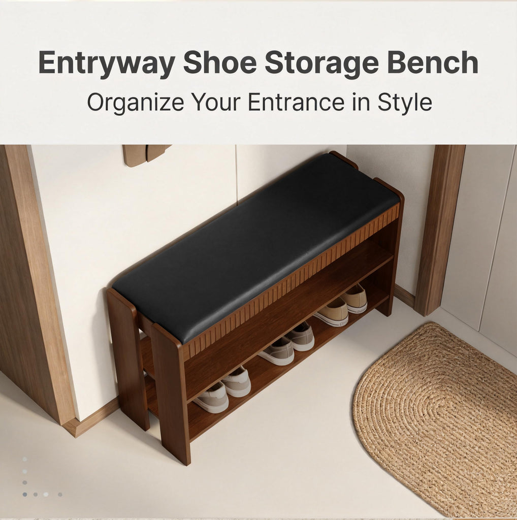 Shoe Bench with Cushion, Solid Wood 2 Tier Adjustable Storage Shoe Bench Rack, Closet, Living Room, Hallway