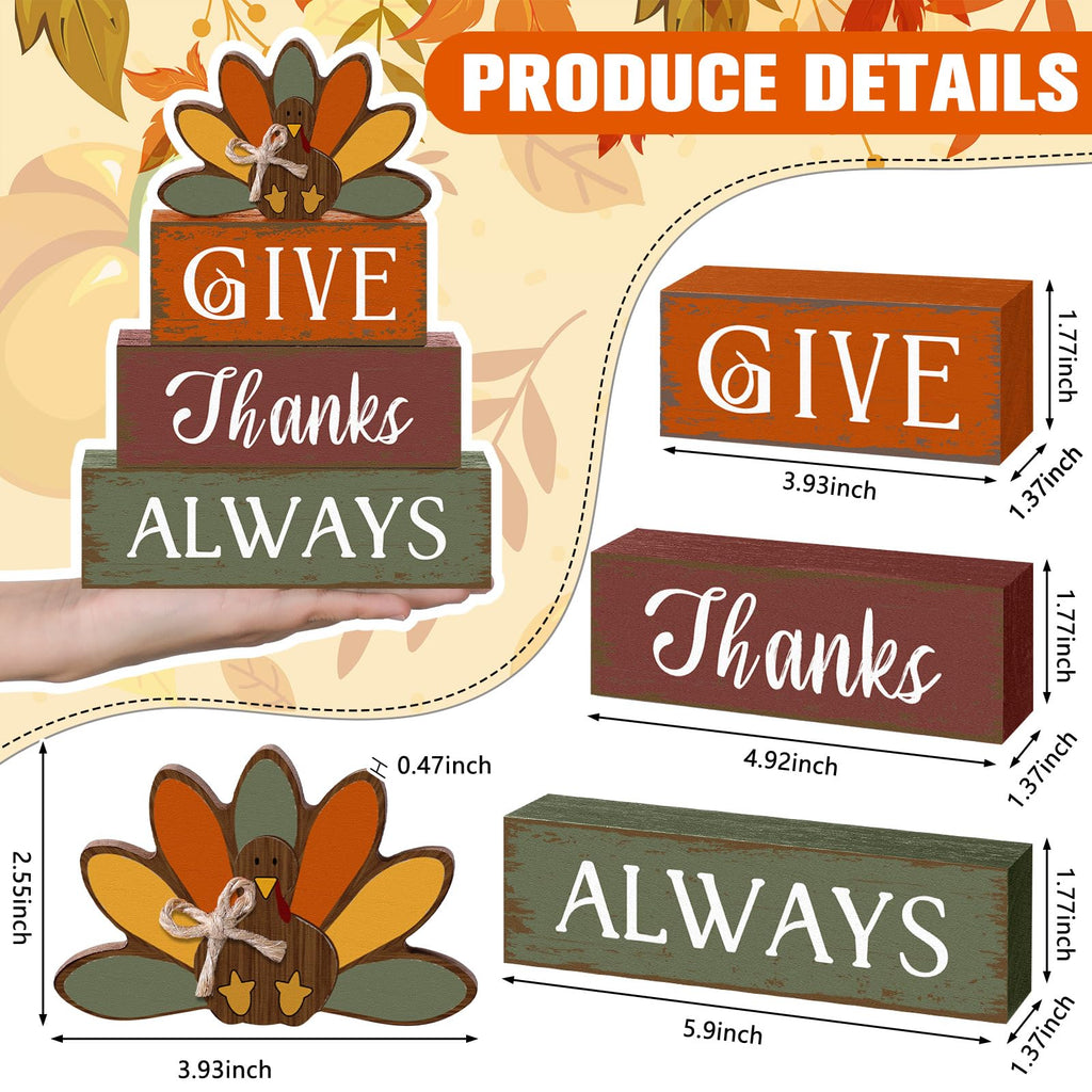4 Pcs Thanksgiving Turkey Table Decor Wooden Sign Blocks