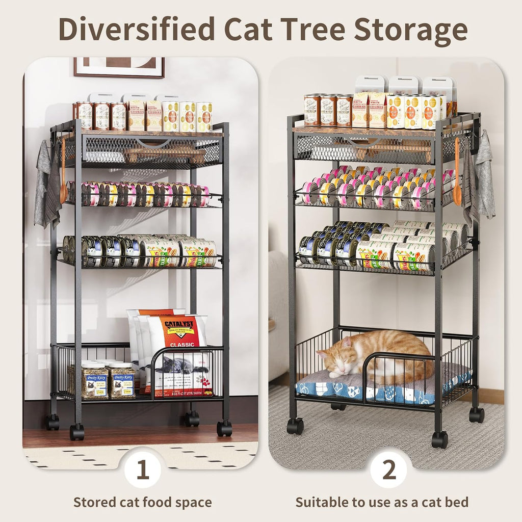 Cat Food Organizer, One-Stop Canned Food and Cat Bed Storage Mobile Rack