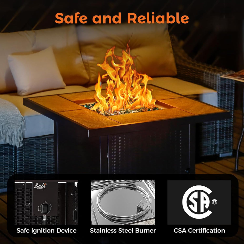 Propane Gas Fire Pit Table 32 inch 50,000 BTU Square Gas Firepits for Outside, Brown