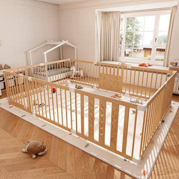 Wooden Baby Playpen, 96"x64" Extra Large Play Yard for Toddlers | Natural Wood Playpen with Child-Proof Lock, Easy