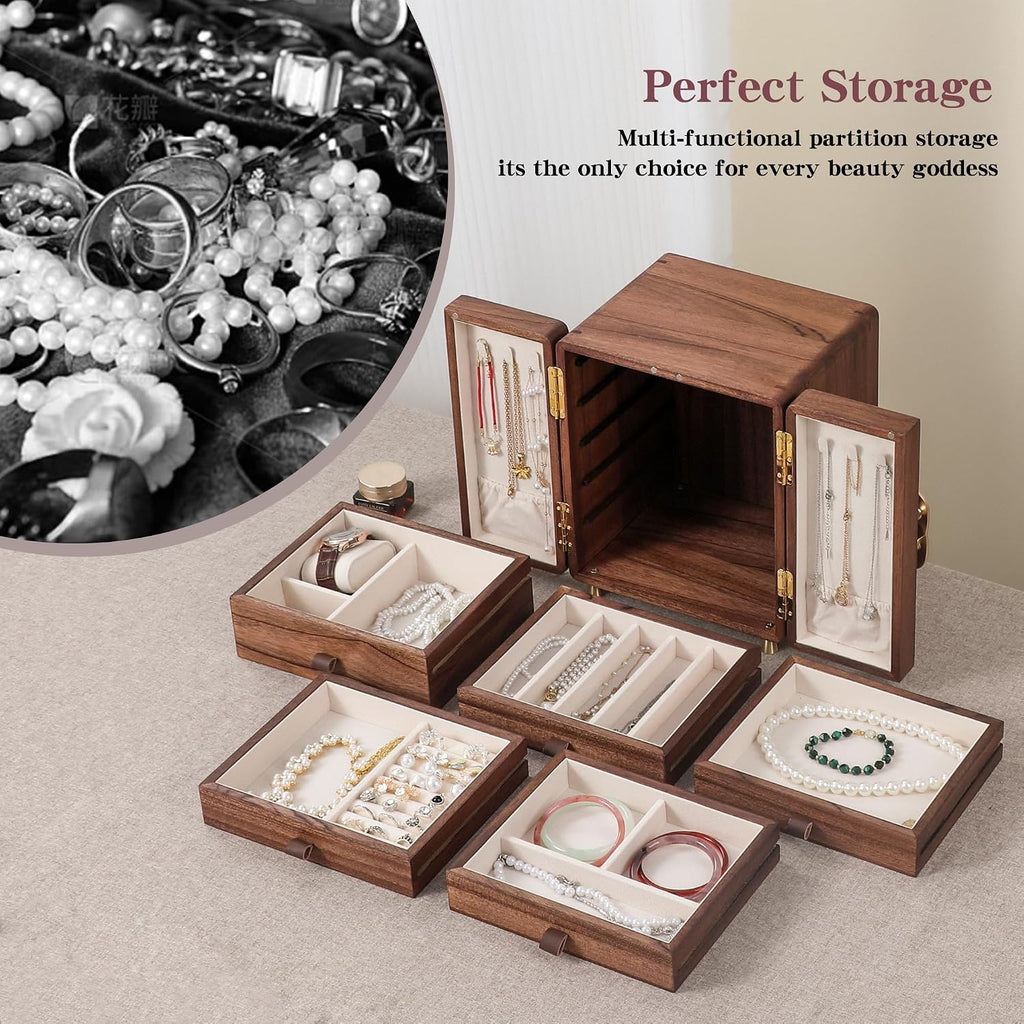 Wooden Jewelry Box for Women Girls, Large Walnut Wood Organizer