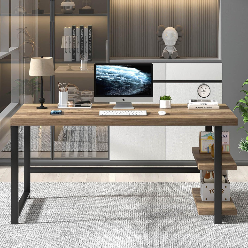60 Inch Home Office Desk, Large Computer Desk with Storage Shelves, Modern Wood and Metal Writing Study Gaming Table