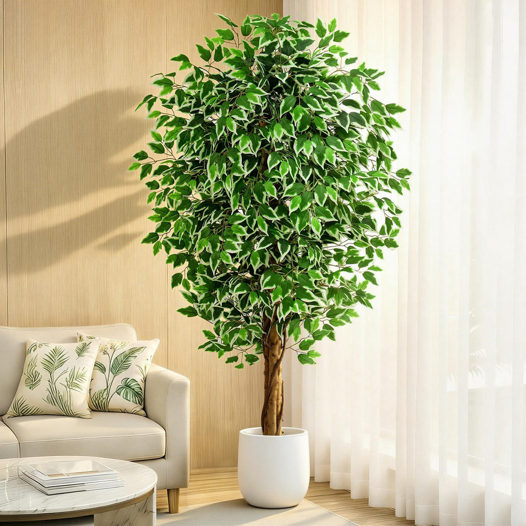 6.2ft Ficus Artificial Trees with 3 Natural Curved Trunks, 74" Tall Lush Faux Tree Decor Indoor, Green Lifelike Fake