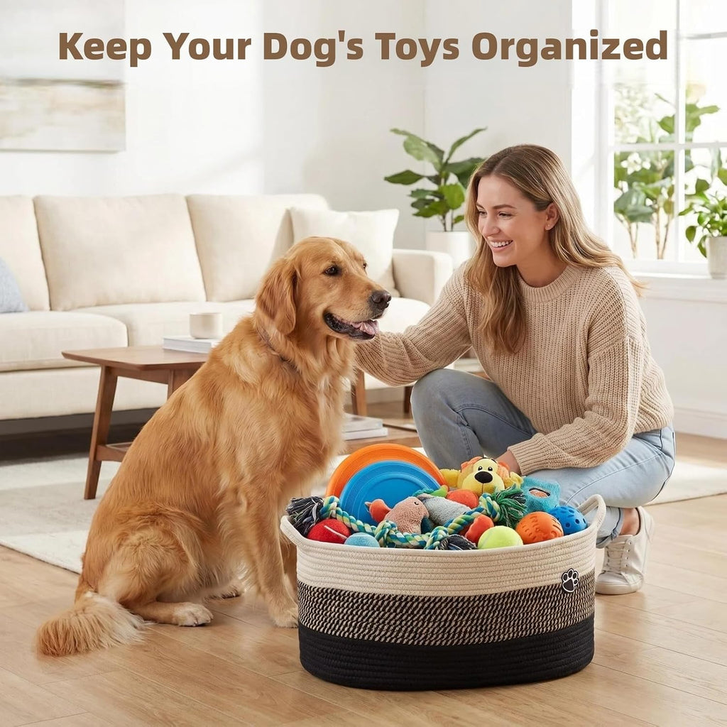 40L Extra Larg Dog Toy Basket, Woven Rope Storage Basket, Black-Brown
