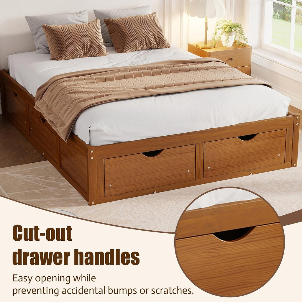 Japanese Wooden Bed Frame Queen with 6 Storage Drawers (Walnut, Queen)