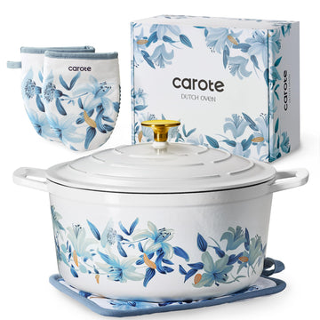 7QT Enameled Cast Iron Dutch Oven Pot with Lid, White & Blue