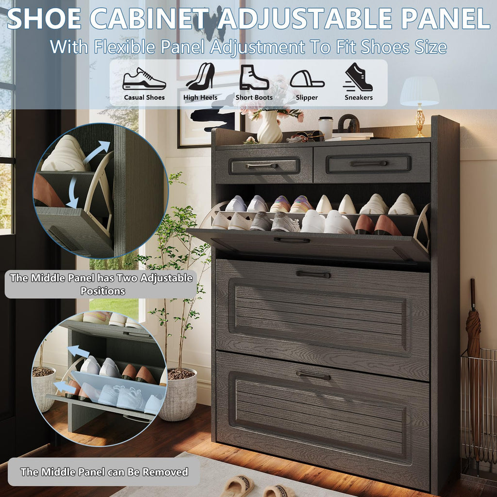 31.5" W Shoe Cabinet, Hidden Wood Shoe Cabinet with 2 Storage Drawers & 3 Flip Drawers, Narrow Freestanding Shoe