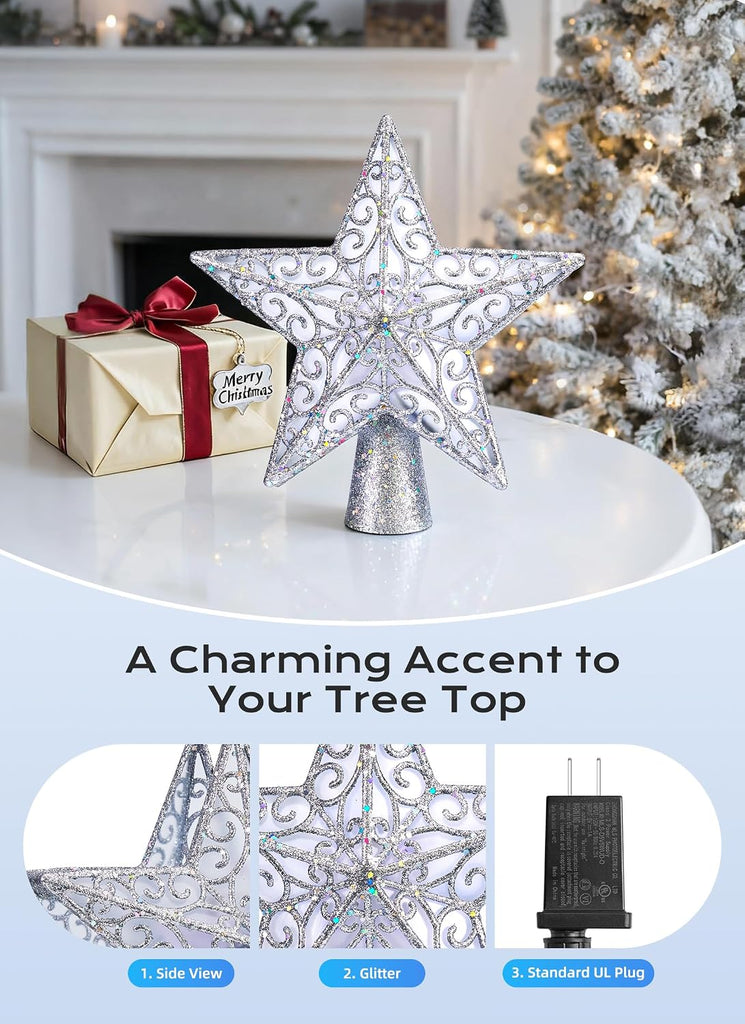 Star Tree Topper with Snowflake Projector Xmas Decoration Silver