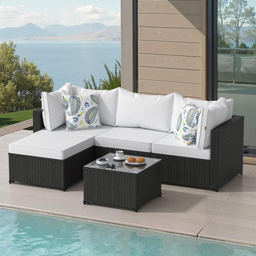 Set, 5PCS Outdoor Sectional with Ottoman Wicker Rattan Patio Couch with Thickened Cushion Modular Wicker