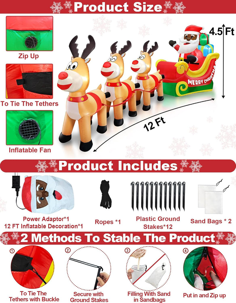 12 Ft Long Christmas Inflatable Black Santa Rides in a Sleigh Pulled by Three Reindeer with Gift Box, African