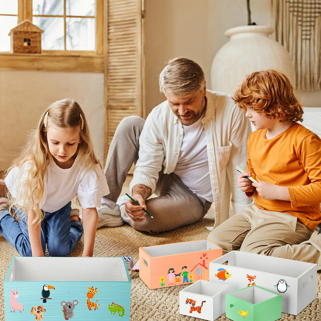 Set of 6 Wooden Storage Boxes with Handles Nesting Farmhouse, White