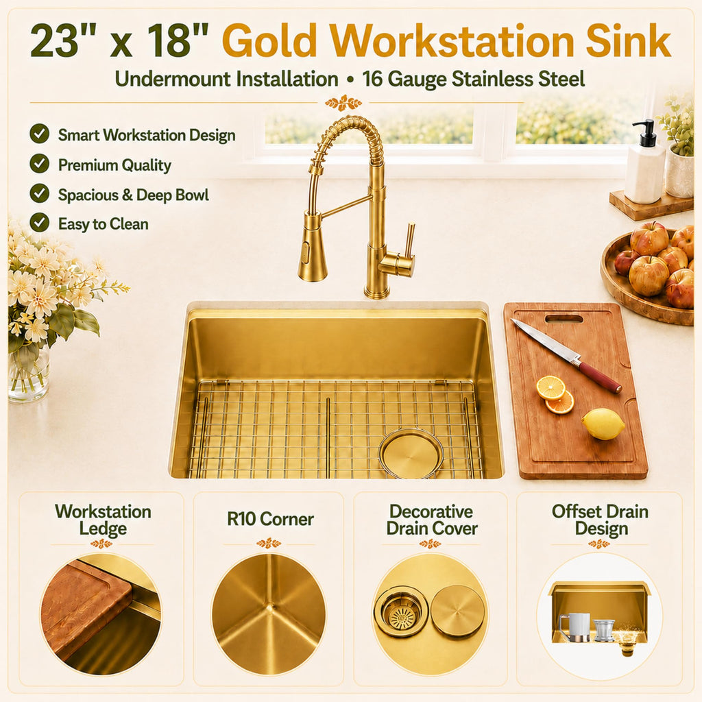 Gold Kitchen Sink Offset Drain, 23"X18" Undermount Single Bowl Sink