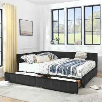 Queen Size Daybed with Storage Drawers, Velevet Upholstered Day Bed Frame with Tufted Backrest and Armrests,Solid