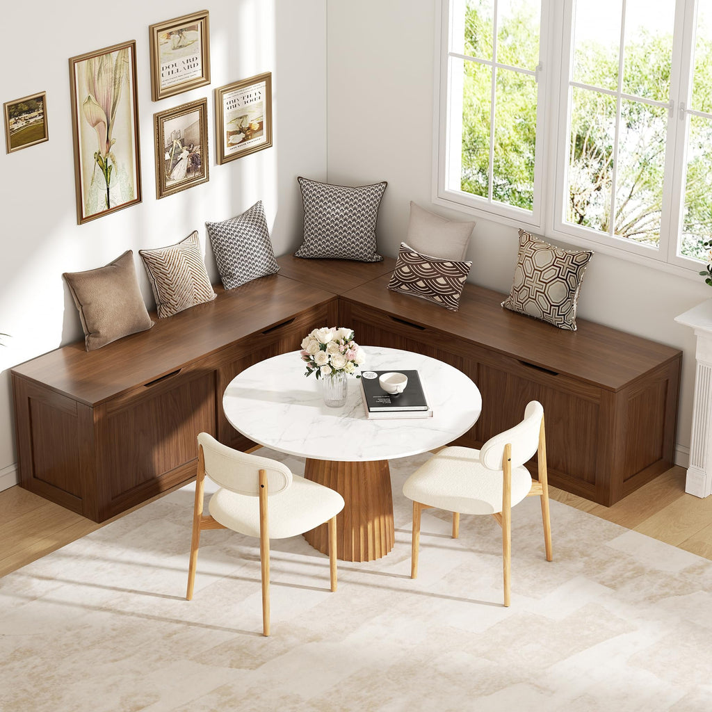 L Shaped Bench with Storage, 63" Breakfast Nook Benches, Wood Kitchen Corner Dining Bench Seating, Walnut Brown
