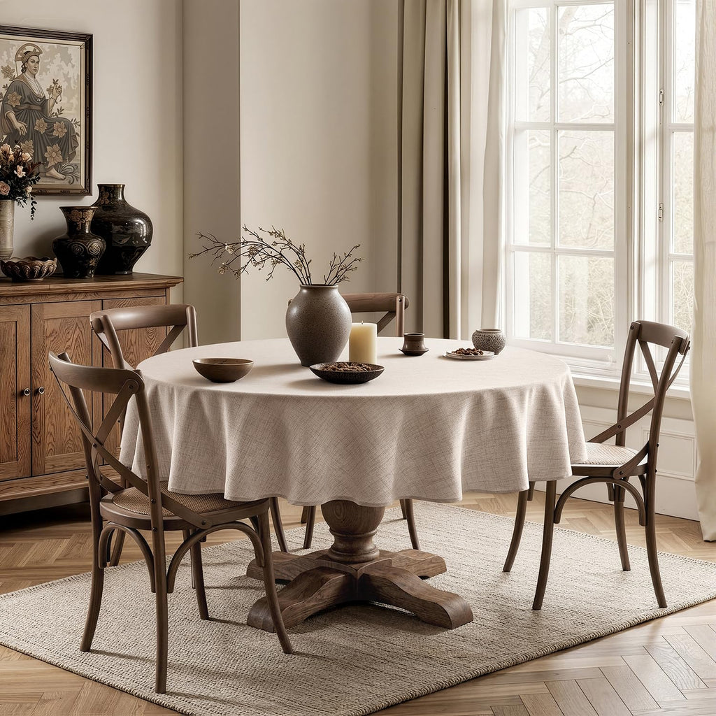 Linen Textured 90 Inch Round Tablecloth Ivory