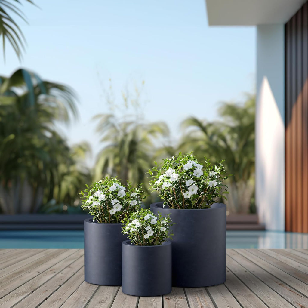 Set of 3 Charcoal Concrete Cylinder Planters 15.8" 12.9" 15.8" Dia | Drainage for Outdoor, Rubber Plug for Indoor