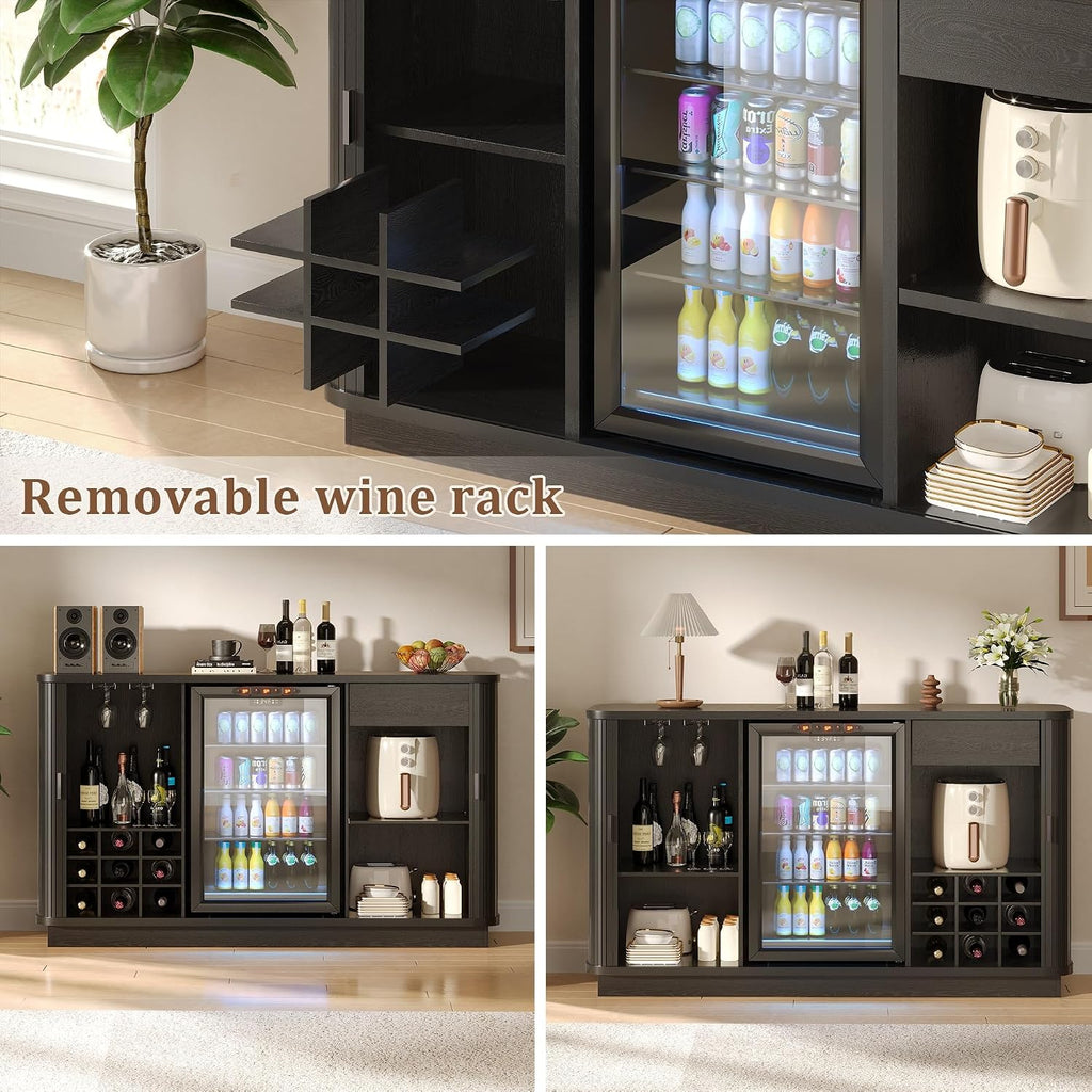 Coffee Bar Cabinet with Fridge Space, Liquor Wine Bar Cabinets with Wine Rack and Glass Holder, Mini Fridge Cabinet