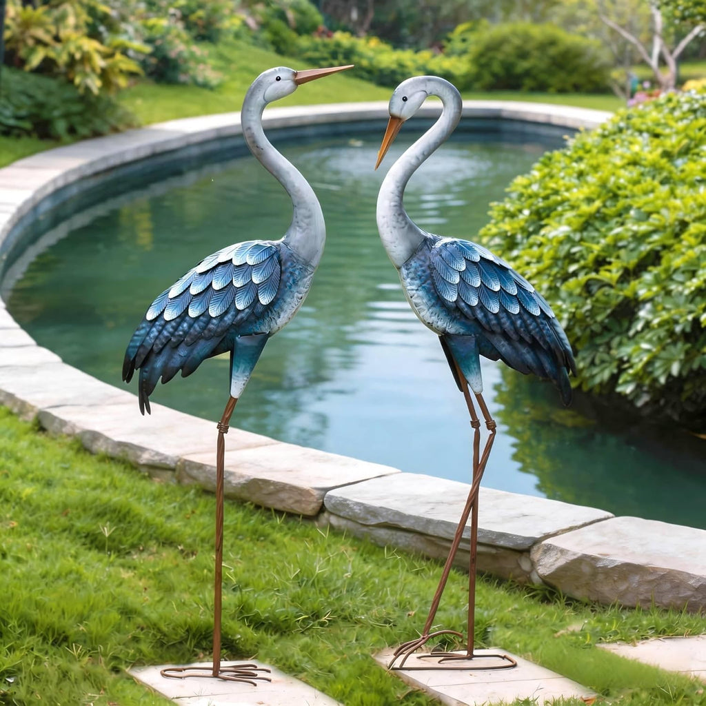 Blue Metal Heron Statues,Outdoor Garden Crane Sculptures 47-48 Inch | Waterproof and Rust-proof Bird Yard Art, For