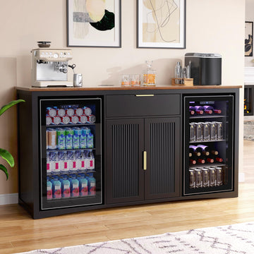 70.1" Coffee Bar Cabinet with Fridge Space, Fluted Sideboard, Black