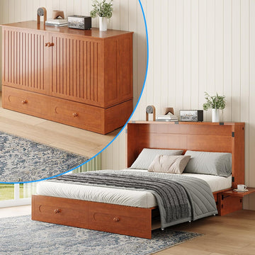 Queen Murphy Bed with Mattress Included, Folding Convertible Bed, Hideaway Cabinet Bed with Storage Drawer & USB