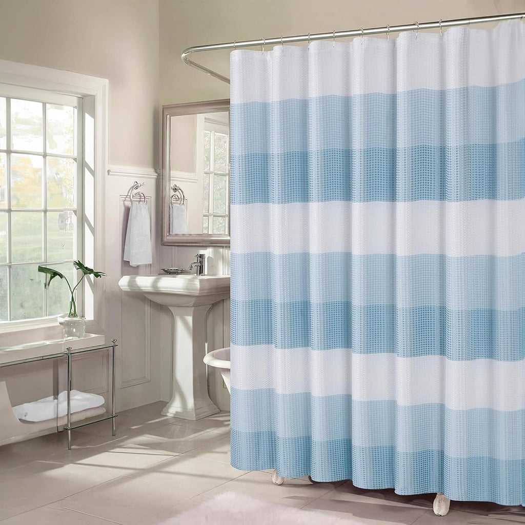 Ombre Waffle Weave 70 x 72 Blue Textured Fabric, Hotel Style Waffle Weave Bathroom Curtain, Water Resistant