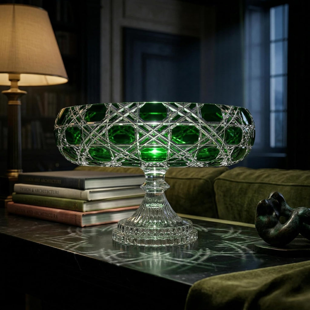 Verdura Emerald Cut Crystal Footed Bowl - Handcrafted Wide Centerpiece Compote - Luxury Green Glass Decorative Fruit