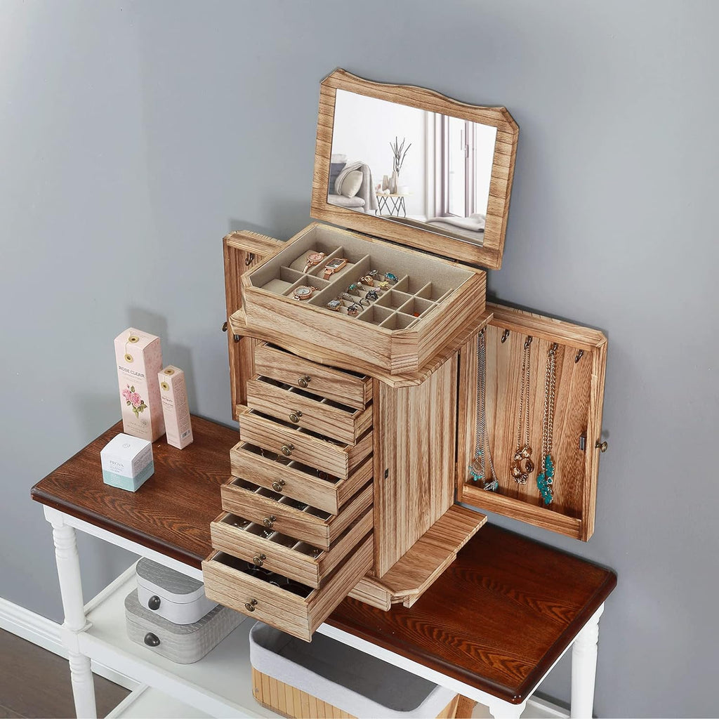 Standing Jewelry Armoire, 7 Drawers & 2 Side Doors Jewelry Amoire Cabinet Standing with Top Flip Makeup Mirror