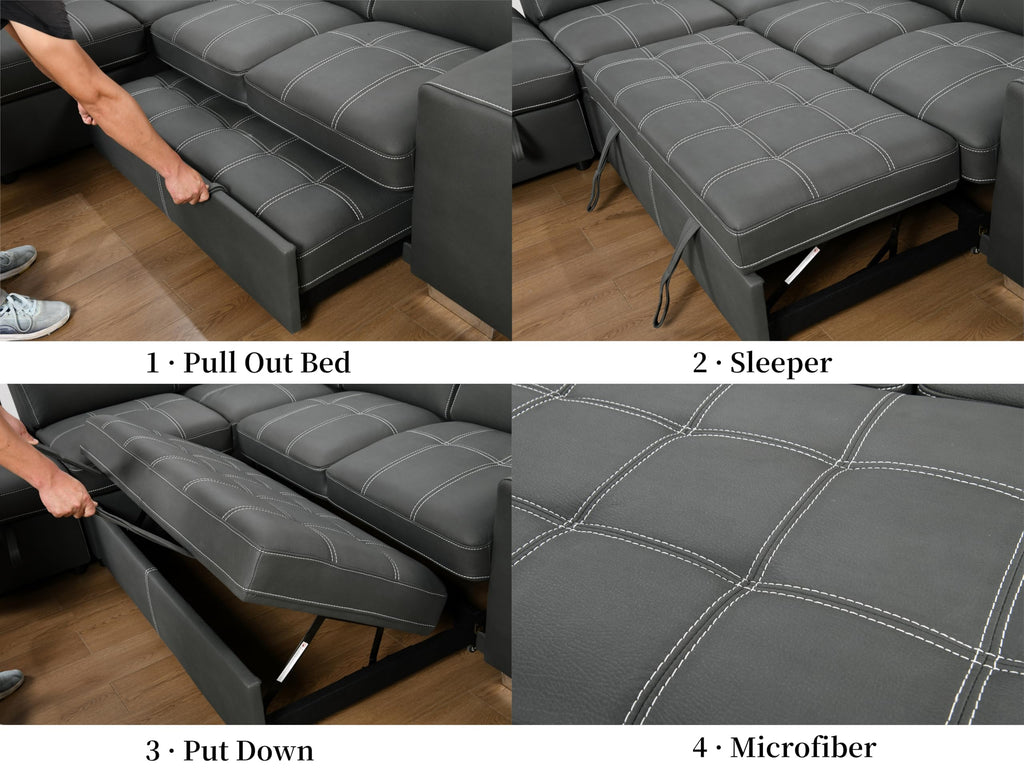 104'' Microfiber L Shaped Sectional Sleeper Sofa Couch with Pull Out Bed and Storage Ottoman, Convertible Couches