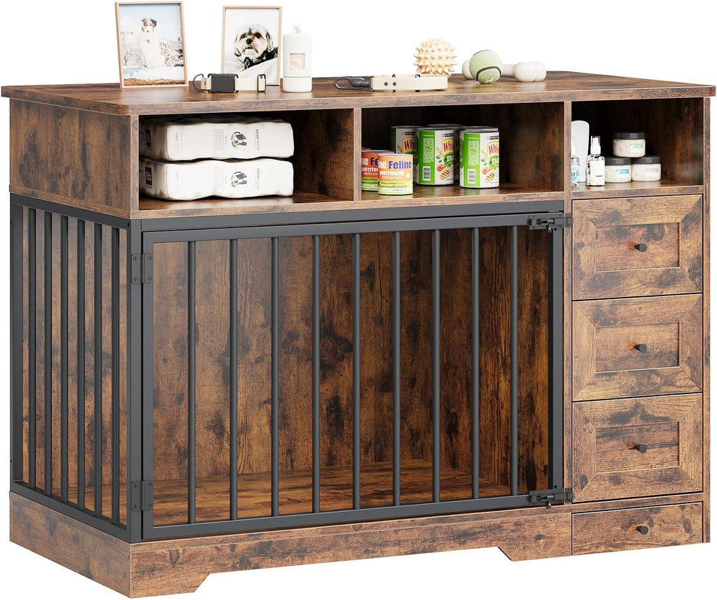 Dog Crate Furniture with Bowl, Medium Dog Cage, Retro Brown