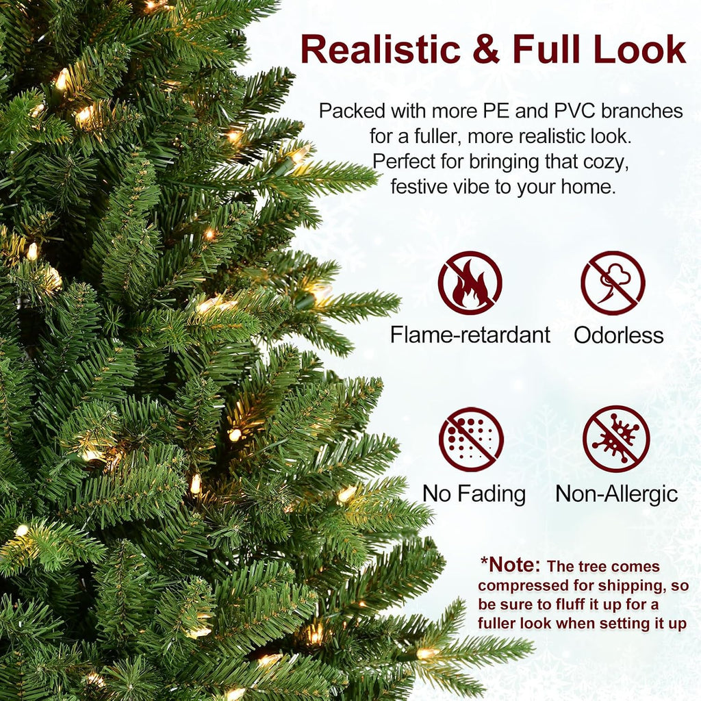 7FT Prelit Artificial Christmas Tree, 2272 PE/PVC Tips, 500 Lights | Warm White Incandescent Lights, Full Realistic