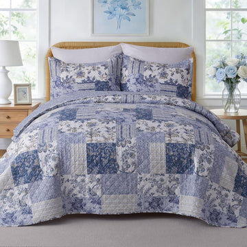 XL Quilt Set 90"x96", Reversible Blue Floral Boho Quilt Bedding Set, Lightweight Spring & Summer