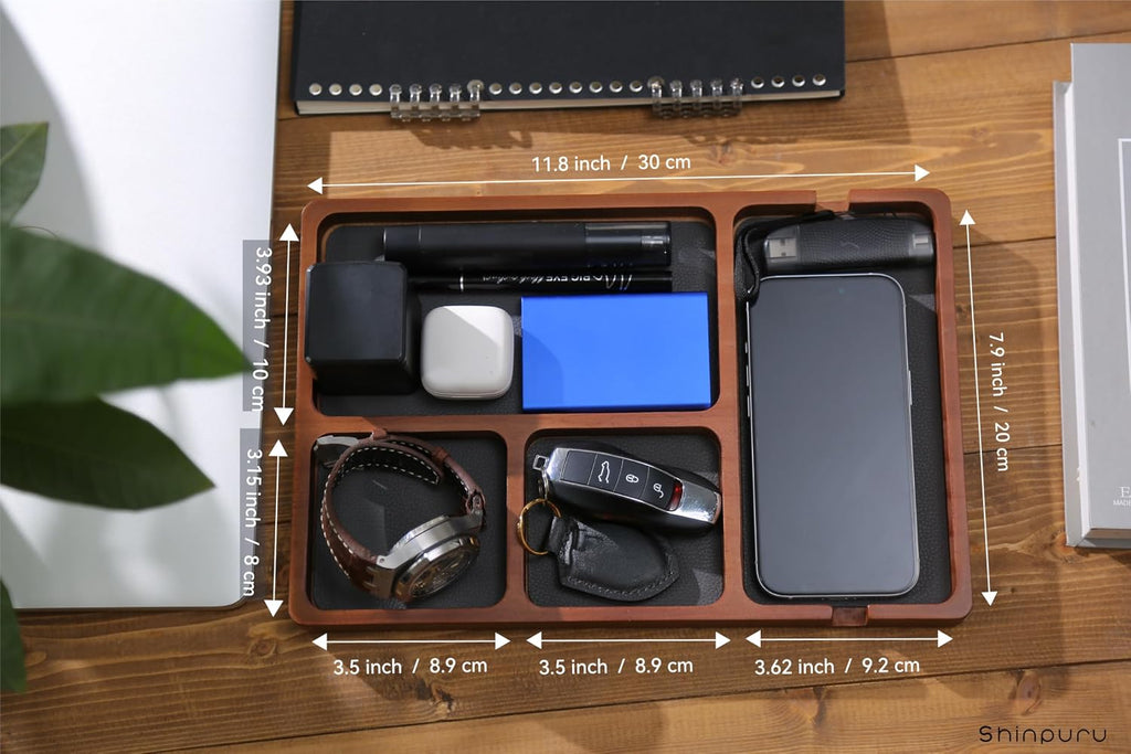 Wooden Valet Tray for Men, Nightstand Organizer with Leather Inlay, EDC Essentials Catchall Tray for Keys, Phone