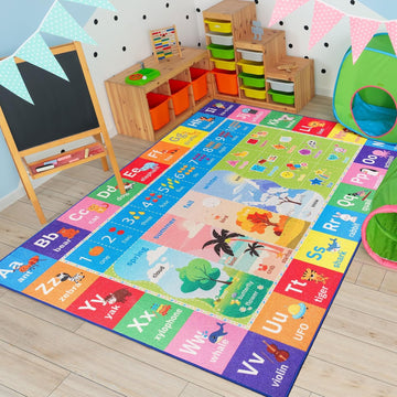 ABC Kids Rug for Playroom, 5x7 Washable Classroom Area Rugs, Toddler Educational Play Mat with Alpha