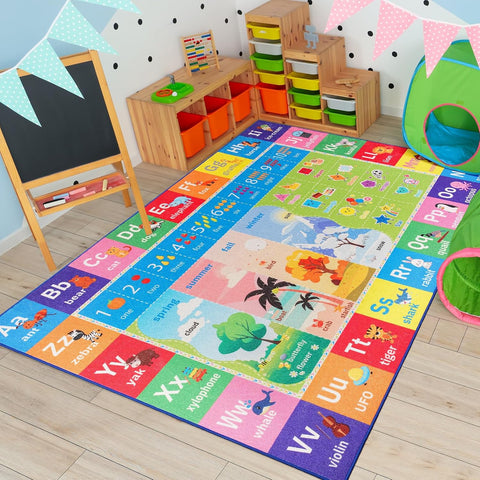 ABC Kids Rug for Playroom, 5x7 Washable Classroom Area Rugs, Toddler Educational Play Mat with Alpha