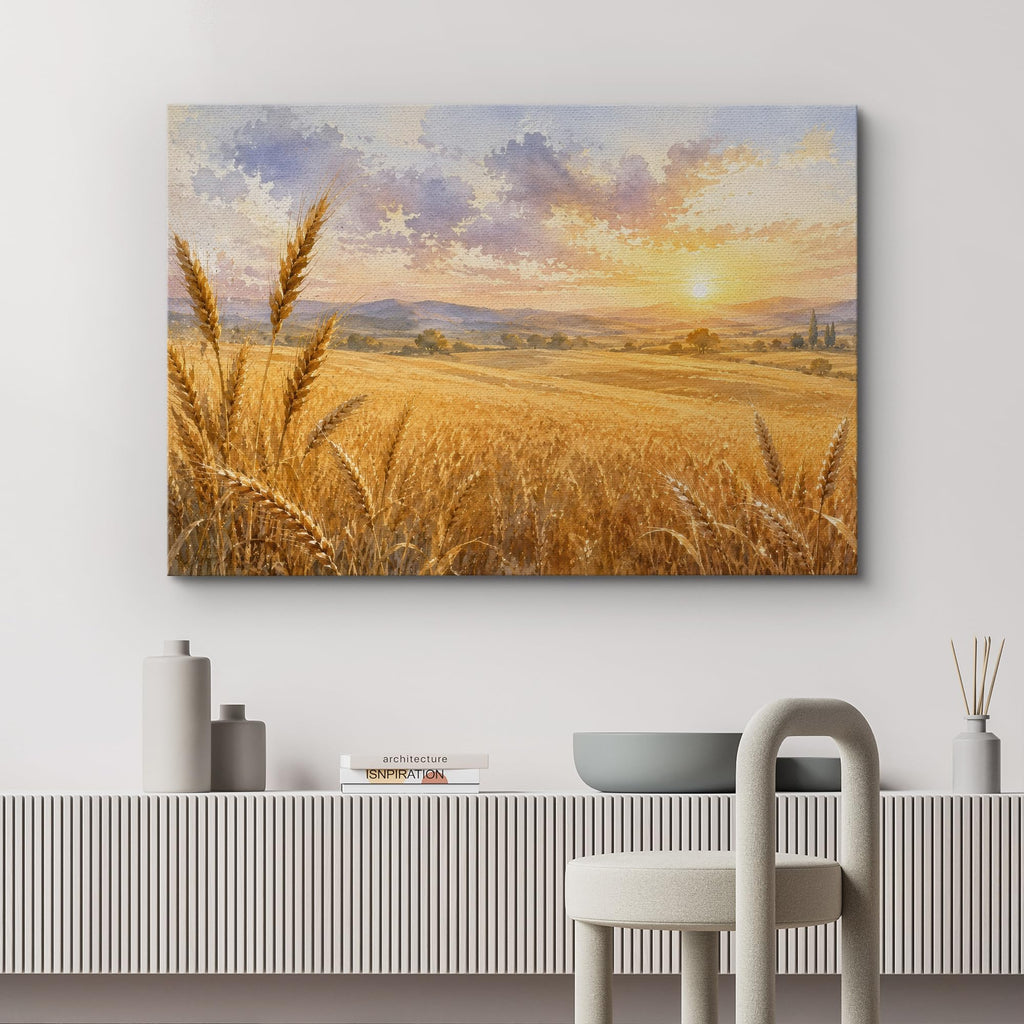 Canvas Print Wall Art Sunset Wheat Field Watercolor Photography Realism Chic Multicolor - 16"x24"