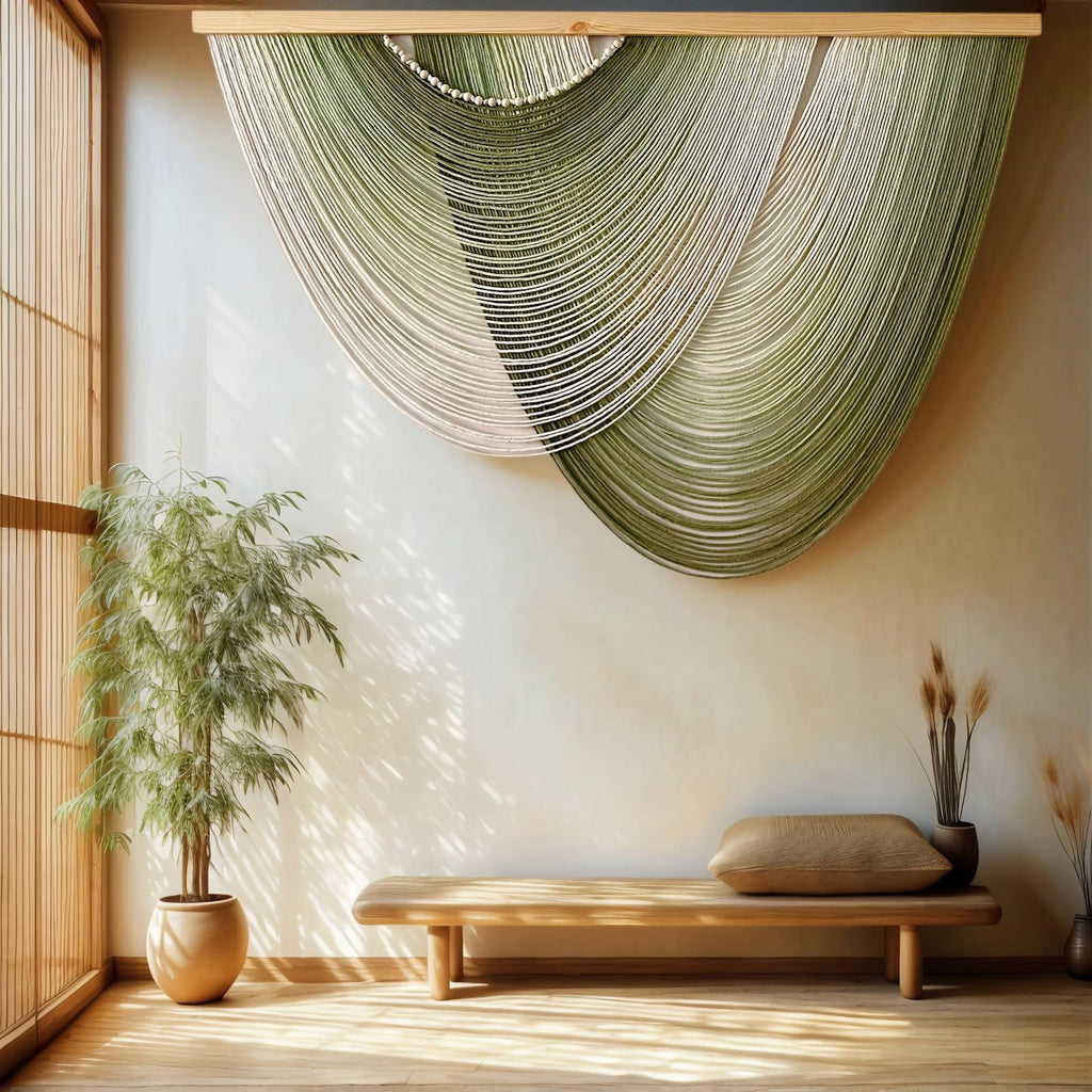 Large Macrame Wall Hanging Boho Wood Ombre Green Dip-Dyed Tapestry