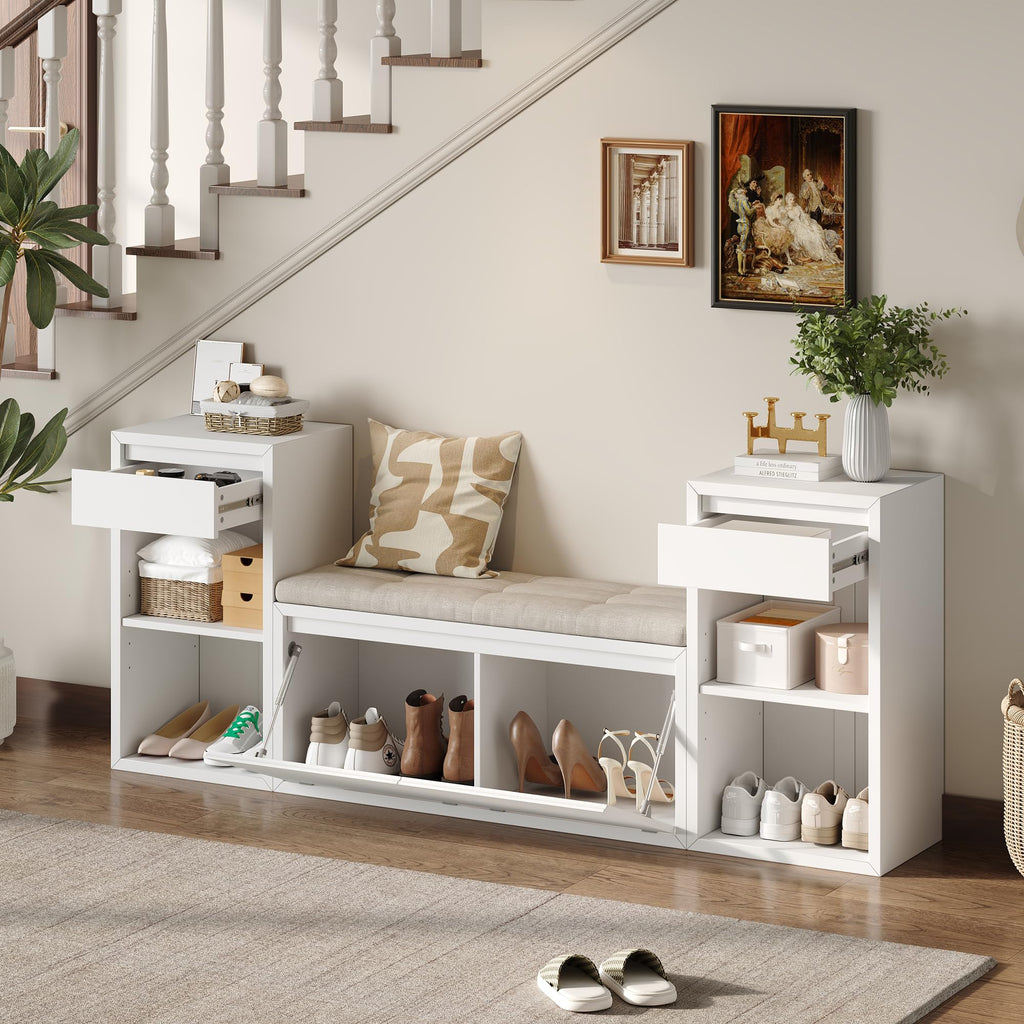 All-in-One Entryway Storage Bench with Cushion, Compartments, Drawers and Open Shelves, Farmhouse Storage Bench